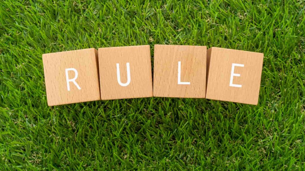 ruleと書かれた積み木が芝生の上に置かれている写真。正規ライセンスのイメージ画像。